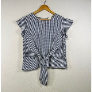 Roommates‎ Navy White Gingham Tie Front Flutter Sleeve Top Women's Medium